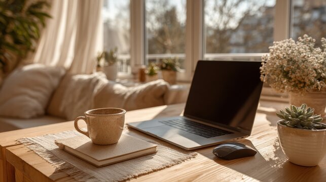 Bright home office desk with laptop coffee mug and notebook near large sunny window decorated with plants perfect for remote work lifestyle and modern productivity visuals