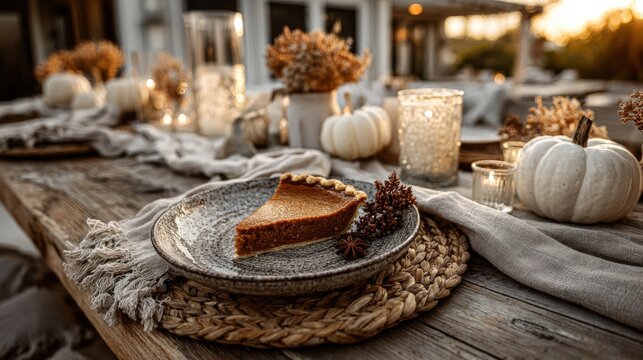 Slice of pumpkin pie on rustic autumn table with candles and mini white pumpkins at sunset perfect for thanksgiving dinner and seasonal food visuals