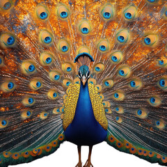 Majestic peacock displays vibrant plumage in a stunning full display of iridescent feathers and colors on transparent background