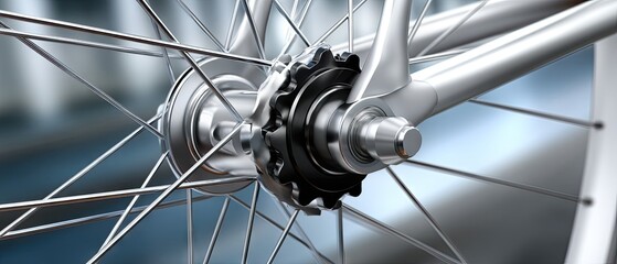 Close up view of a bicycle hub showcasing intricate metalwork and precision engineering in a bright workshop, capturing the essence of cycling craftsmanship
