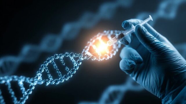 Genetic engineering with futuristic syringe and DNA

