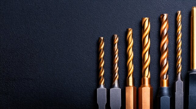 Close-up of various drill bits arranged on a dark surface, showcasing their unique designs and materials