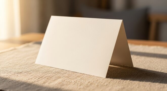Blank white card on a textured surface bathed in warm sunlight ambience