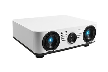 Modern white projector with multiple lenses for home theater and professional presentations setup shown on transparent background