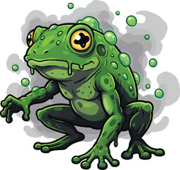 Cartoon-style green frog with glowing yellow eyes, crystal bubbles, and smoky fantasy background in crouching pose vector illustration