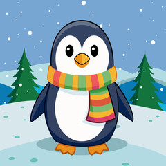 Cute cartoon penguin wearing a colorful scarf in a snowy winter landscape isolated on white background