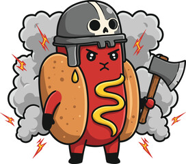 Angry hot dog warrior with helmet, battle axe, smoke and lightning in dramatic cartoon food fighter vector illustration