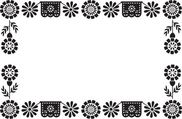 Monochrome Stylized Folk Art Rectangular Frame with Papel Picado Flags and Geometric Floral Elements