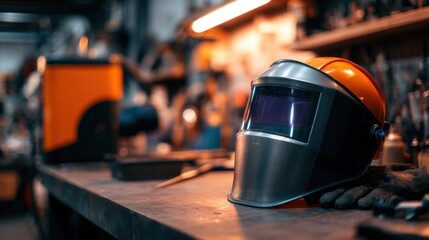 Close-up of a welding helmet on a workbench in a workshop, tools and equipment scattered in the background
