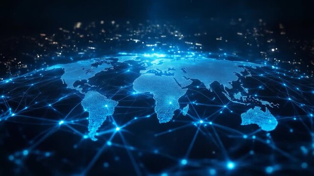 Digital world map with interconnected blue lights and distant city lights
