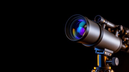 High-quality telescope positioned on a sturdy tripod, showcasing vibrant lens colors against a dark background