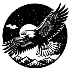 Majestic bald eagle soaring through a starry night sky above mountains isolated on white background