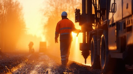 Construction worker operating machinery at sunrise, with a serene landscape and distant workers in background