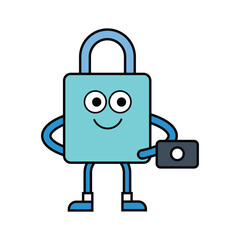 Simple Lock Mascot Working on Laptop Creative Cartoon Vector