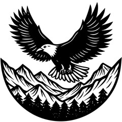 Majestic bald eagle soaring over snowy mountains and pine forest isolated on white background