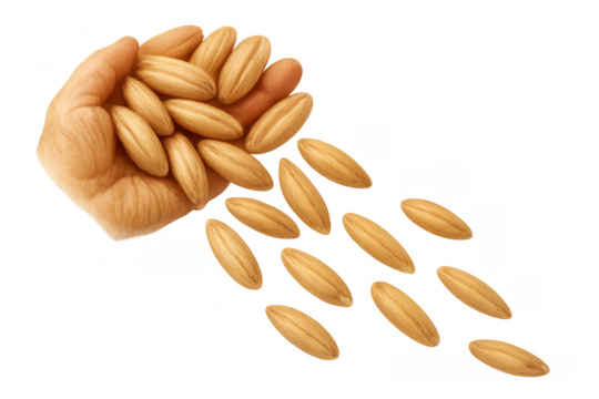 Hand dropping barley seeds, symbolizing agriculture, harvest, planting, and food production. Transparent background