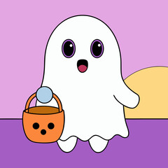 Cute cartoon ghost holding a halloween candy bucket isolated on white background