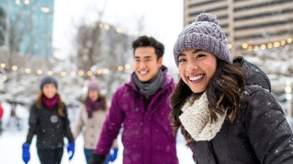 Group of friends joyfully ice skating in a snowy urban park with festive lights and winter scenery