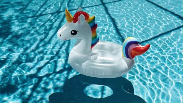 A bright and playful summer scene featuring a unicorn inflatable toy casting a soft sun shadow on a vivid blue background, capturing the fun, color, and carefree spirit of sunny poolside relaxation