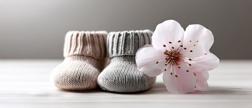 Soft baby booties and a delicate flower on a light wooden surface create a peaceful and cozy atmosphere in a warm indoor setting