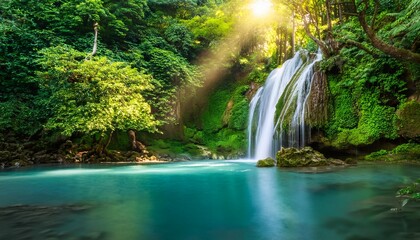 cascading waterfall serenely descends into an emerald pool sunlight filters through lush greenery
