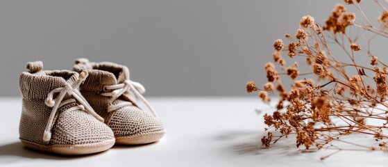 Cozy handmade booties next to dried flowers on a neutral background designed for a baby's nursery decor