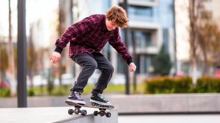 Young skateboarder performing a trick on a ledge in an urban park with modern buildings in the background