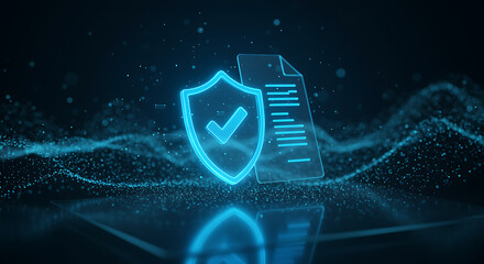 Neon blue shield with checkmark and document security