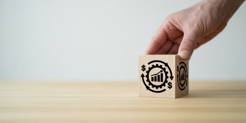 Business Strategy: A hand carefully positions a wooden block, showcasing symbols that represent financial growth, progress, and strategic planning, embodying the essence of business development. 