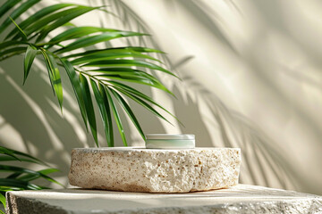 Stylish stone podium with lush tropical palm leaf and soft shadows, perfect for showcasing beauty products in a natural and elegant studio setting   