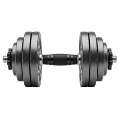 A heavy metal adjustable dumbbell with multiple weight plates on each side for strength training isolated on transparent background