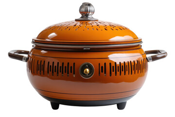 Orange steamer pot with lid and handles for cooking vegetables and seafood in a healthy way at home on transparent background