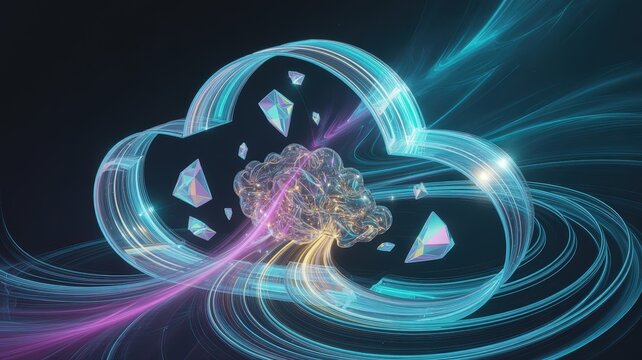 Abstract Digital Cloud Computing Concept with Glowing Energy Streams. - Powered by Adobe