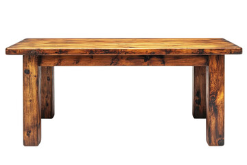 Rustic wooden table with a dark stain finish showcases natural wood grain patterns against a on transparent background