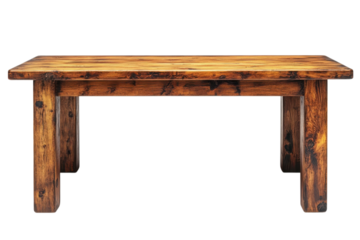Rustic wooden table with a dark stain finish showcases natural wood grain patterns against a on transparent background