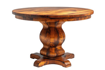 Round wooden table with pedestal base showcasing craftsmanship and elegant design for dining or decor use on transparent background