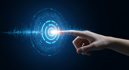 Finger touching glowing blue digital interface circle