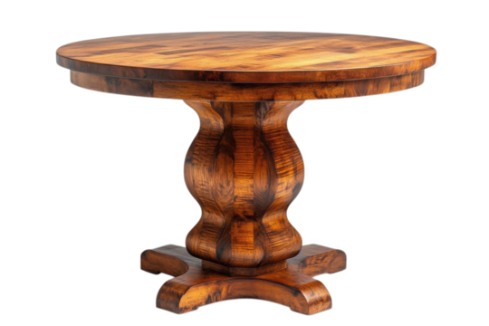 Round wooden table with pedestal base showcasing craftsmanship and elegant design for dining or decor use on transparent background - Powered by Adobe