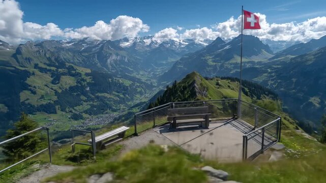 Breathtaking mountain panorama from scenic viewpoint with flag and benches overlooking vast alpine valley and snow-capped peaks under blue sky.