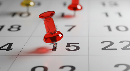 Red pushpin marking the fifteenth day on a calendar