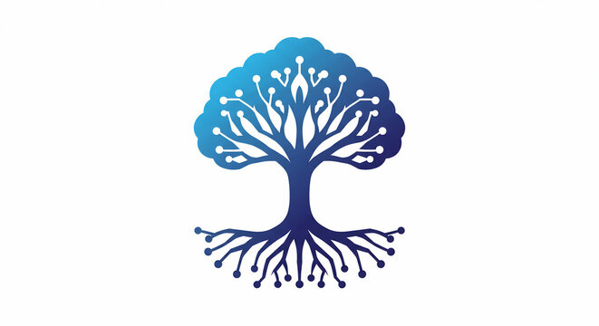 Blue gradient tree with roots symbol of growth