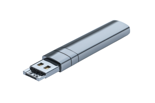 Sleek silver usb drive for data storage and transfer for technology enthusiasts on transparent background