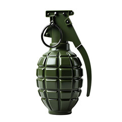 Olive green fragmentation grenade with metal pin and lever isolated on a transparent background