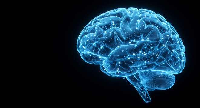 Blue glowing translucent human brain on black background - Powered by Adobe