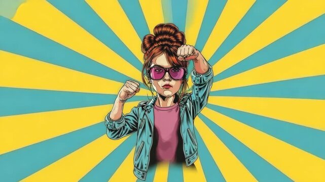 A girl with purple sunglasses and a fist raised