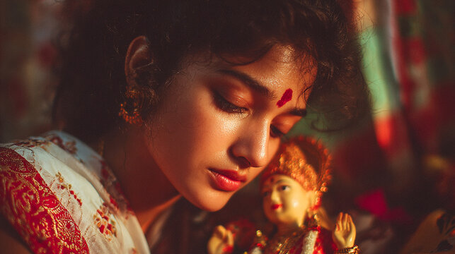 Woman in Traditional Sari Looking Down at a Small Deity Statue