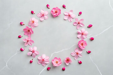 Obraz premium “Cherry Blossom Circle Illustration – Symmetrical Ring of Pink Flowers and Buds on Elegant Marble Background for Spring, Nature & Floral Design”