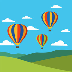 Hot air balloons flying over green hills on a bright sunny day