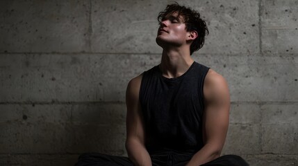 Obraz premium A fit young man meditates peacefully in a dimly lit studio with a concrete wall