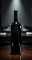 Elegant wine bottle centerpiece on restaurant table under spotlight